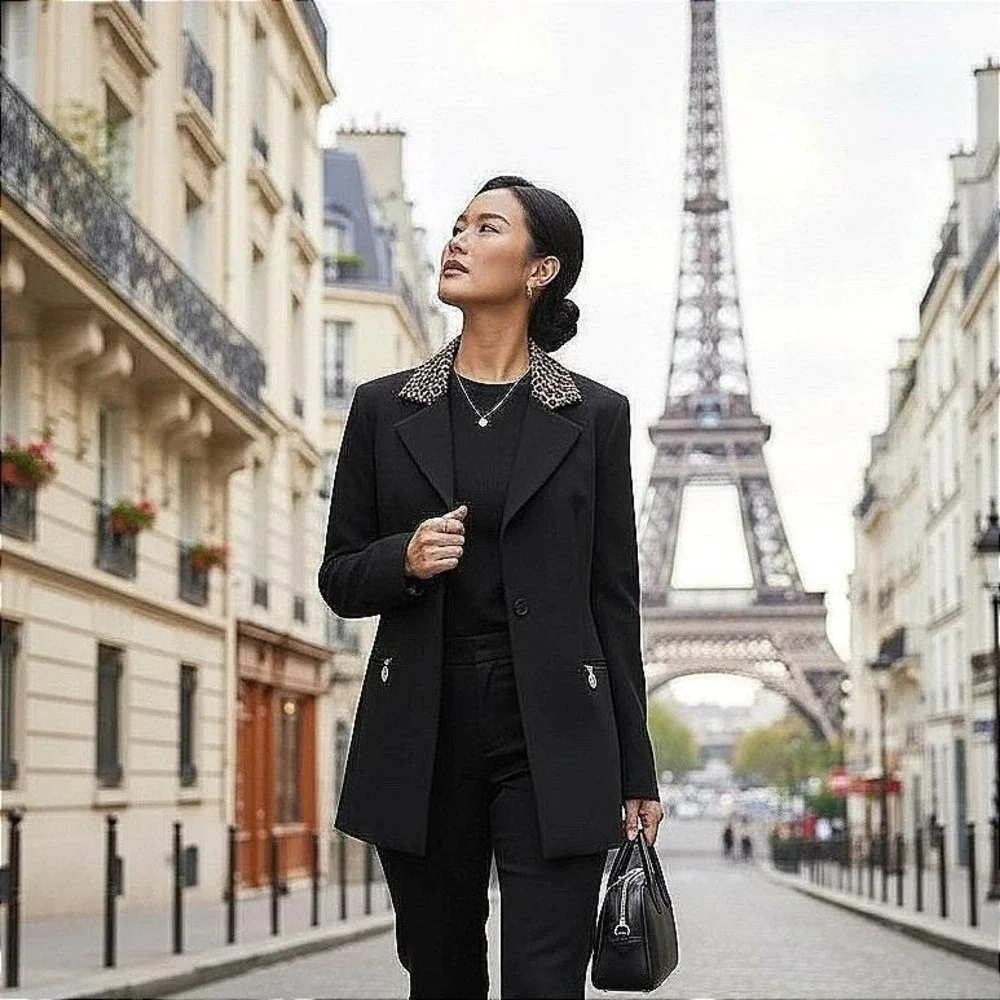 Vintage Black Wool Winter Coat Leopard Collar Quiet‎ Luxury Parisian Chic 9 10
